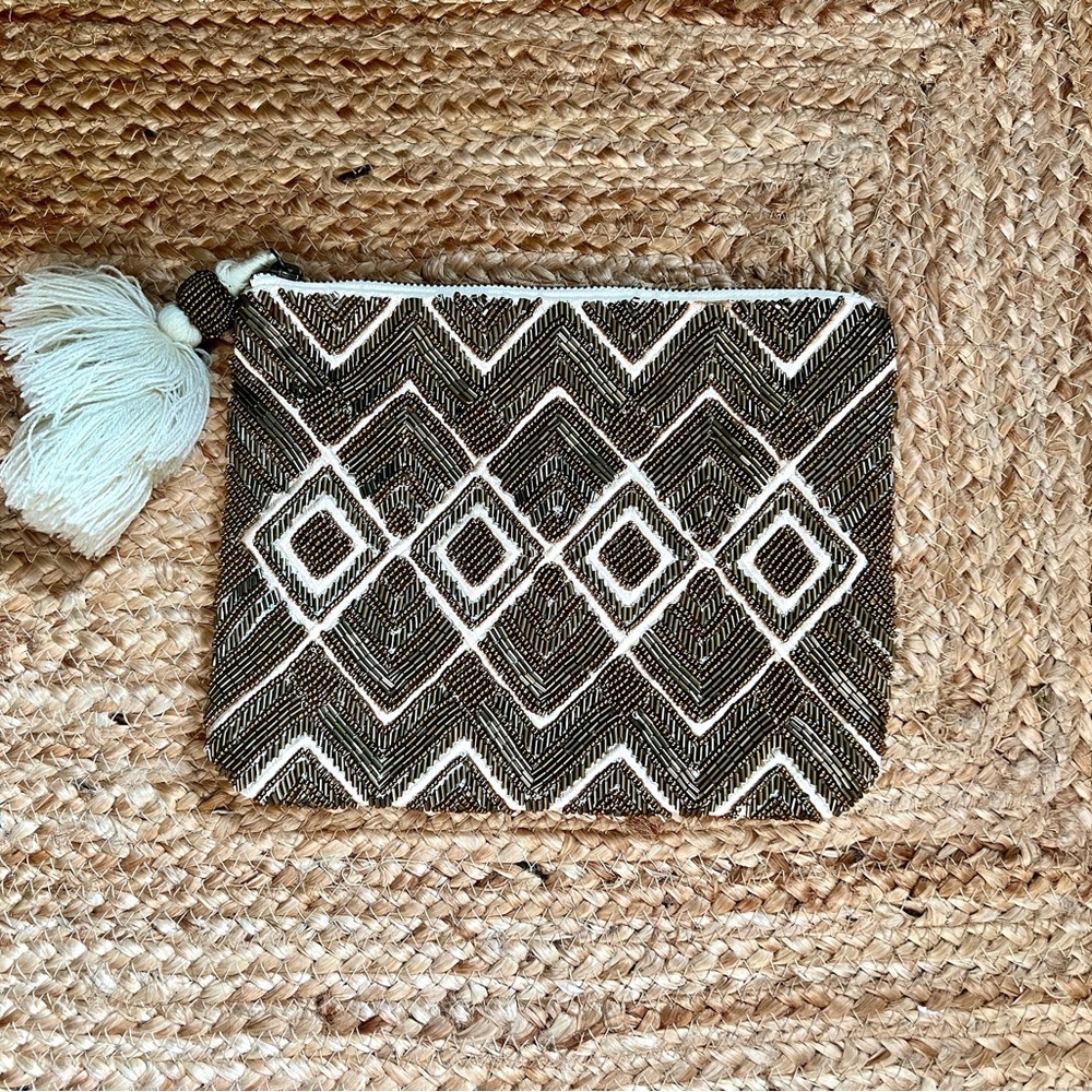 Madewell Beaded Gold and Beige Geometric Clutch with Tassel